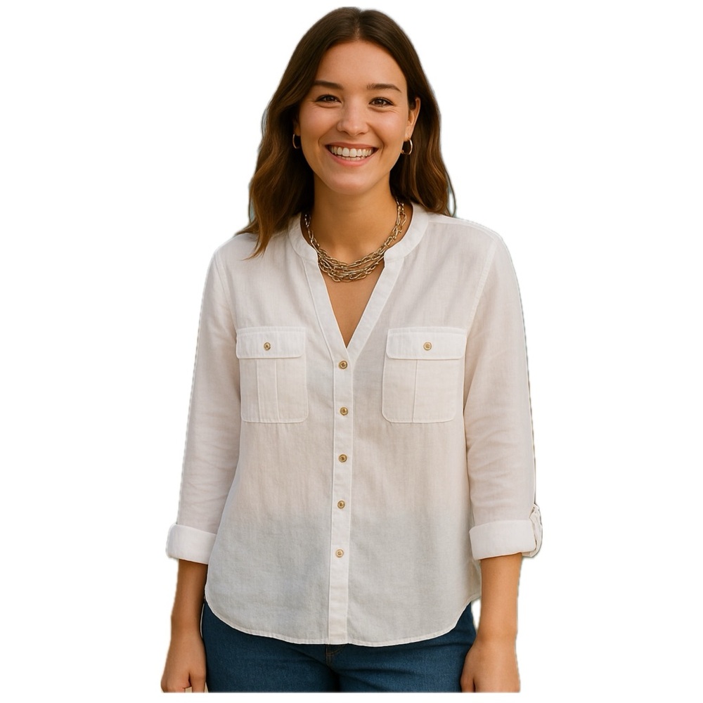 Isaac Mizrahi 100% Linen Blouse V Neck Button Up White Medium M - Picture 7 of 11